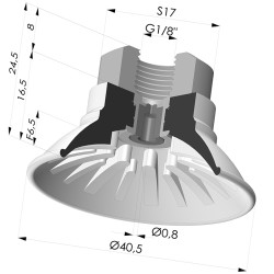 Ventosa Piatta Serie 99 Ø 40.5 mm con Inserto femmina G1/8", filtro e foro calibrato